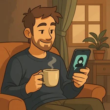 A bearded man sitting comfortably in an armchair, holding a steaming cup of coffee in one hand and a smartphone in the other. He smiles while looking at the screen, where an anonymous silhouette is displayed. The indoor atmosphere is cozy, with a plant, a curtain, and a window in the background.