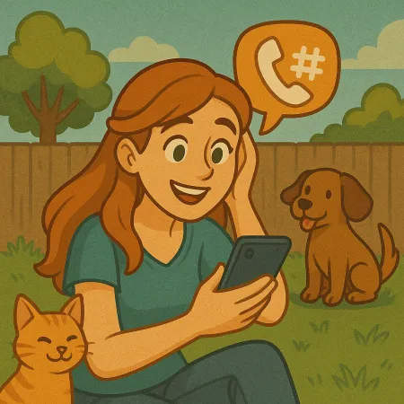 A red-haired woman sitting on the grass in a garden, smiling while looking at her smartphone. An orange cat is curled up against her and a brown dog is sitting nearby. A speech bubble containing a phone icon and a hashtag floats above her, suggesting a phone conversation.