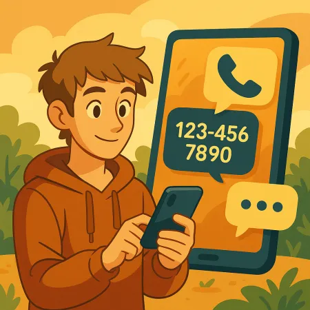 Smiling young man in a hoodie using his smartphone, with a large phone screen in the background displaying a call icon and a fictitious phone number (123-456-7890), in a stylish and warm outdoor setting.