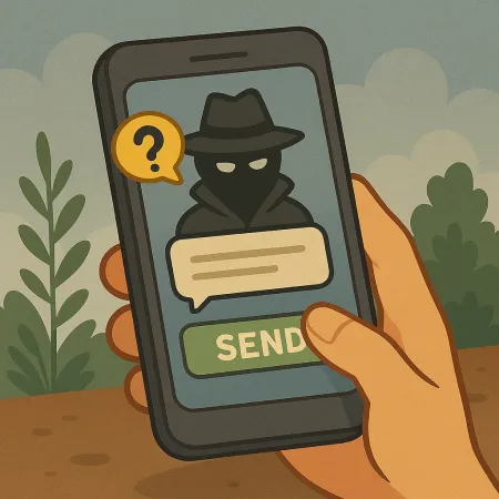 A hand holding a smartphone displaying a masked character in a raincoat and hat, representing an anonymous sender. A dialogue bubble with a question mark is visible, along with a green button labeled 'SEND', suggesting the sending of an anonymous message.