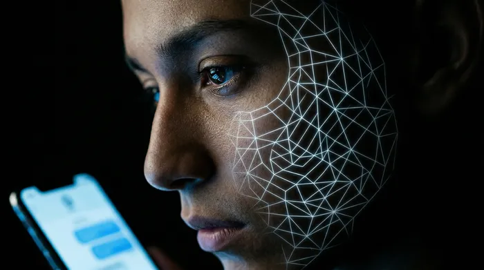 A hand holding a smartphone displaying a padlock icon on a messaging interface, surrounded by a network of bright digital connections on a black background, illustrating mobile data security.