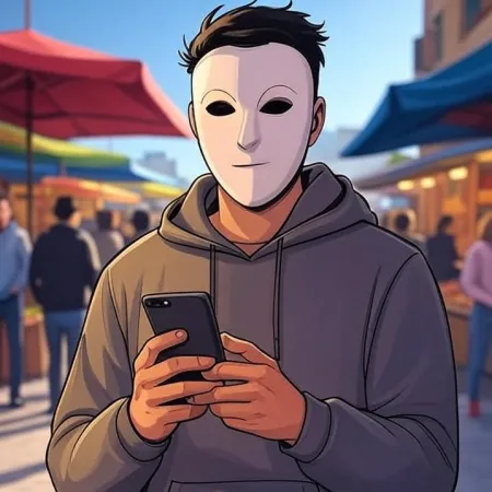 A young animated-styled man wearing a white mask and a gray hoodie, looking at his phone in an outdoor market.