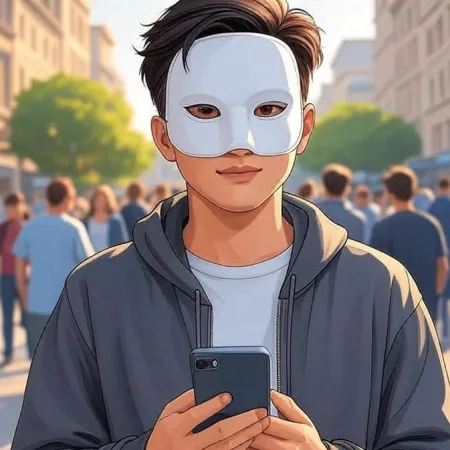 A young man in an animated style wearing a white mask and a gray hoodie looks at the camera while holding a smartphone in a crowded street.