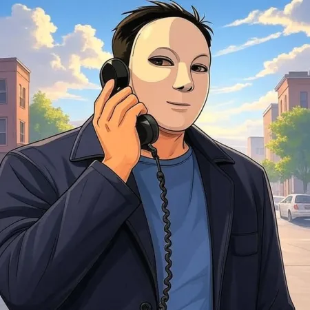 A man wearing a white mask, a dark jacket, and a blue t-shirt, talking into the receiver of an old-fashioned black phone, with a city street in the background.