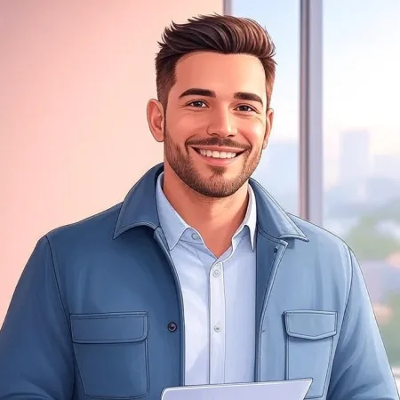 A young man smiling in casual professional attire in an office.
