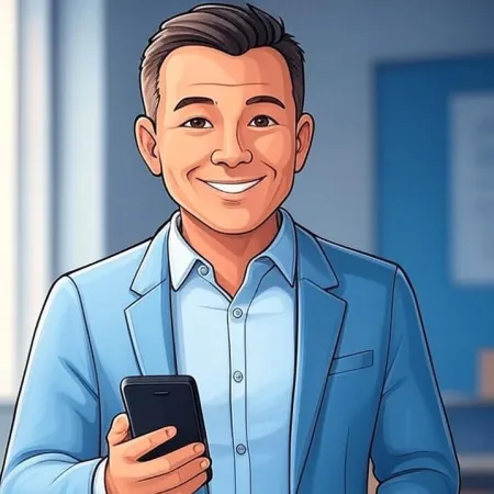 Illustration of a smiling businessman in a blue suit holding a smartphone.