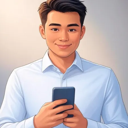 Illustration of a smiling businessman in a blue suit holding a smartphone.