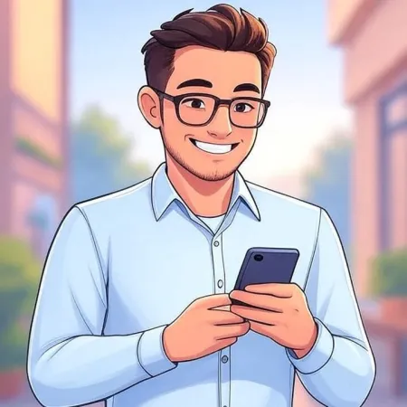 Young man smiling with glasses and a blue shirt, looking at his smartphone.
