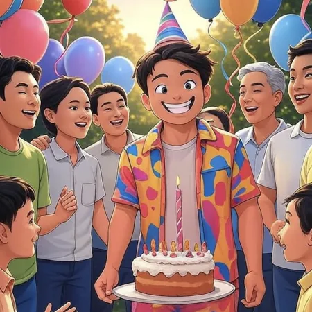 Smiling boy in a party hat holding a unique birthday cake, surrounded by guests and colorful balloons outdoors.