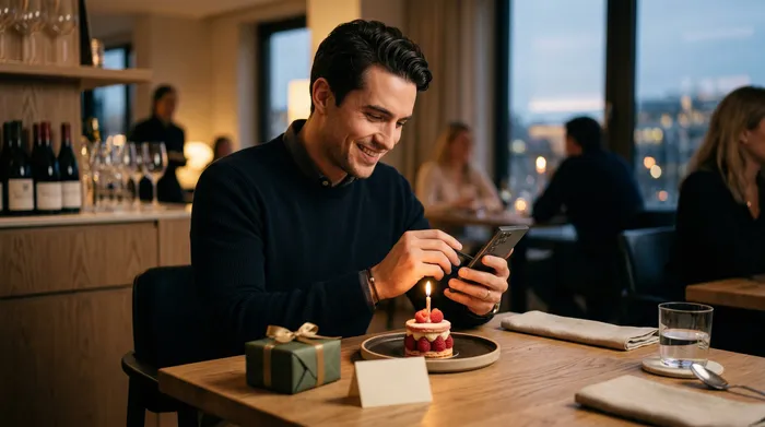 A smiling young blonde woman sitting at a table with a lit birthday cake, checking her smartphone during a party with friends in a bright apartment.