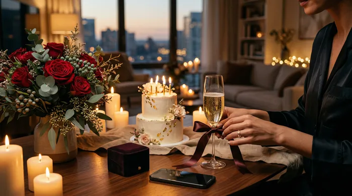 A smiling woman sitting in a modern kitchen looks at her cell phone, while two men in the background present her with birthday cakes with lit candles.