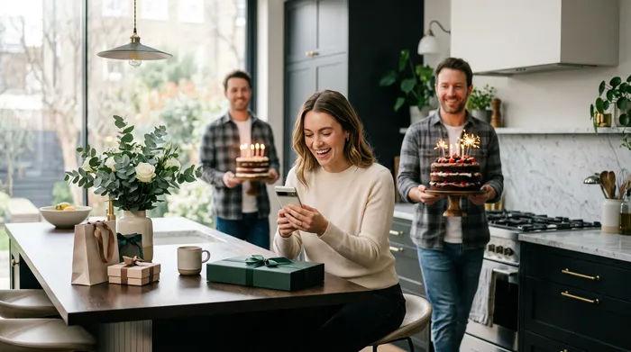 A smiling woman in a green sequined dress looks at her smartphone in front of a birthday cake decorated with candles, surrounded by friends toasting with champagne flutes at a party.