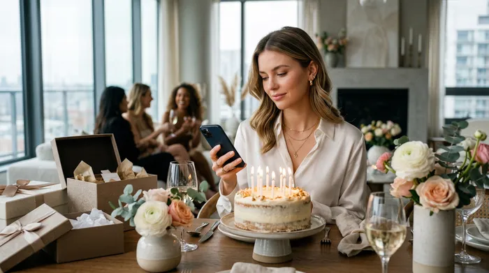 A smartphone with a blank screen placed in front of an elegant, decorated birthday cake on a party table with gifts and champagne glasses.
