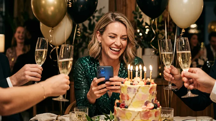 A smiling man sitting at a restaurant table, using a stylus on his smartphone next to a small birthday cupcake with a candle and a gift.
