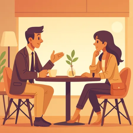 Illustration of two people talking face to face in a café, a man in a suit and a woman in smart casual attire, sitting at a table with a small plant in the center.
