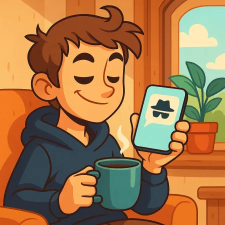 Illustration of a young man smiling, sitting comfortably with a cup of coffee, holding a smartphone displaying an anonymous message icon with a hat and dark glasses